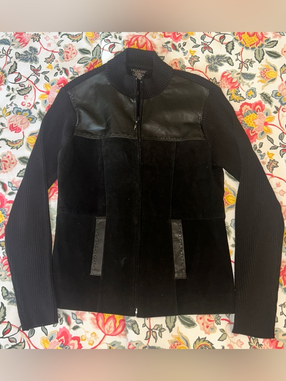 Escapade Black suede and leather jacket has a knit collar and back.